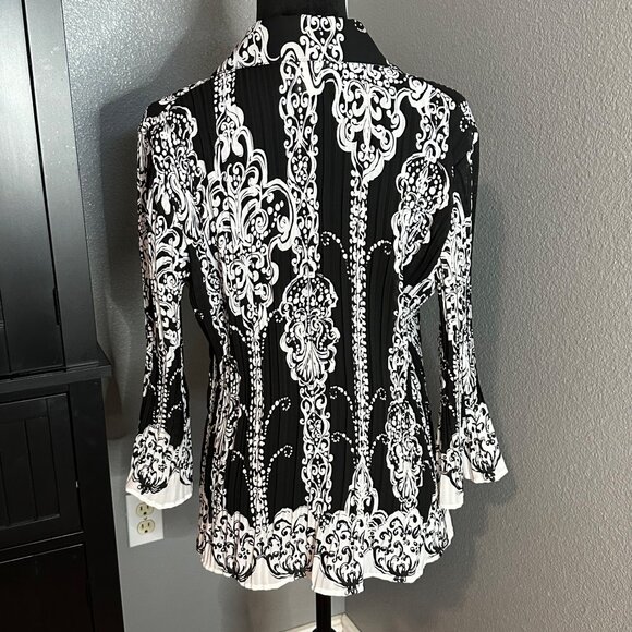 Blouse Womens Large Baroque Black White Pleated Bell Sleeve Button Up Retro Chic - Picture 5 of 8